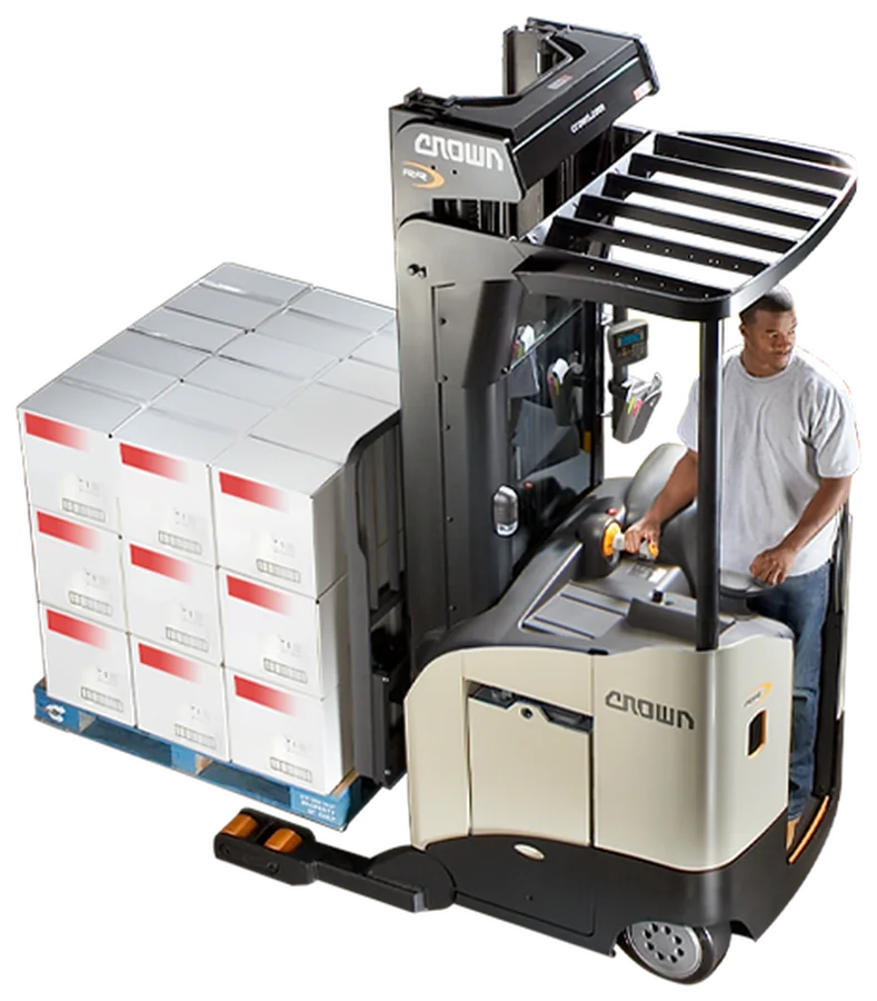 Autoelevador retráctil Crown RR 5700 de doble profundidad levantando pallets